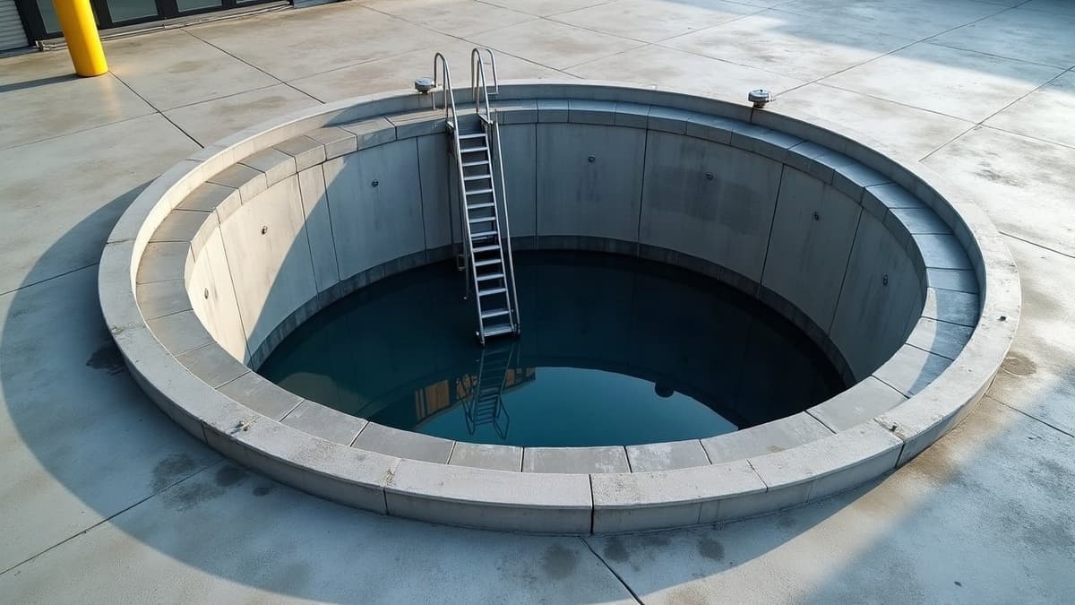 Regard ouvert d'une cuve enterrée de récupération d'eau de pluie, avec son échelle inox, dans la cour d'un entrepôt